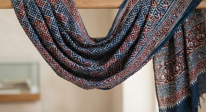 Hand-Block Ajrak Shawl — Indigo — detail view
