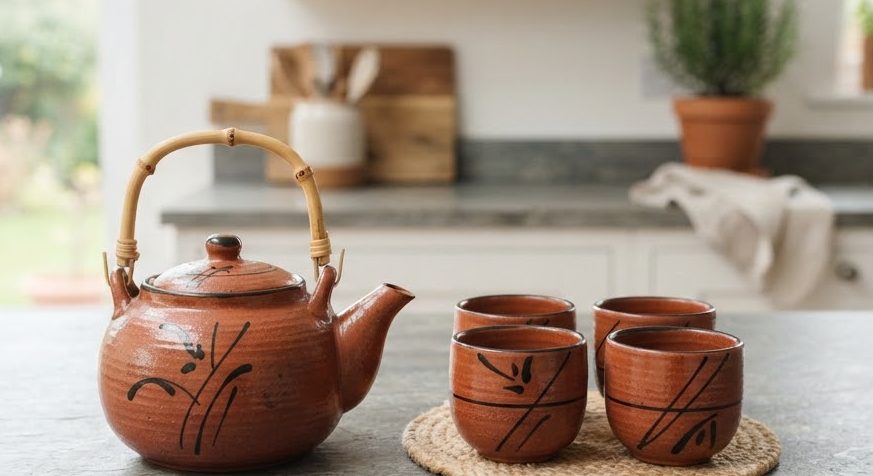 Glazed Clay Tea Set — detail view