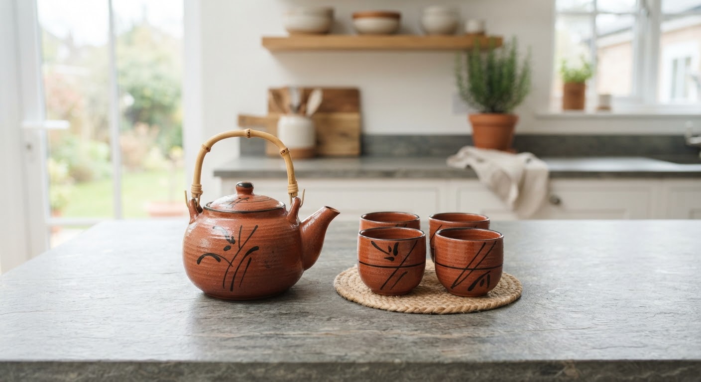 Glazed Clay Tea Set — Teapot and four cups